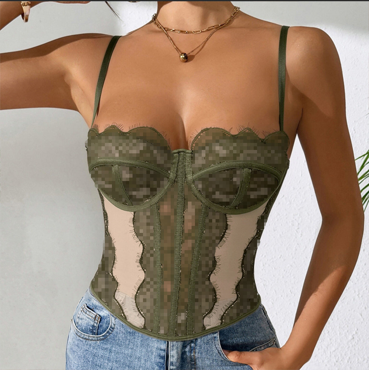 Herringbone Ruched Corset Lace Camisole-9
