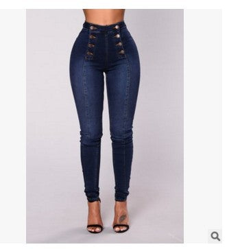 High-Waisted Double-Button Slim Stretch Jeans — Image 9