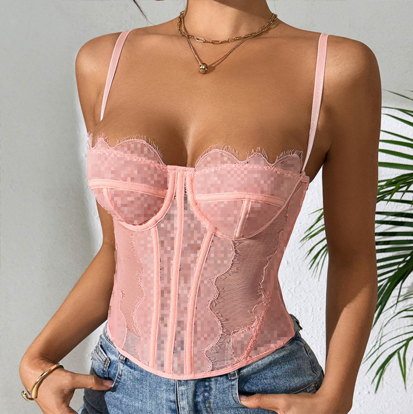 Herringbone Ruched Corset Lace Camisole-7