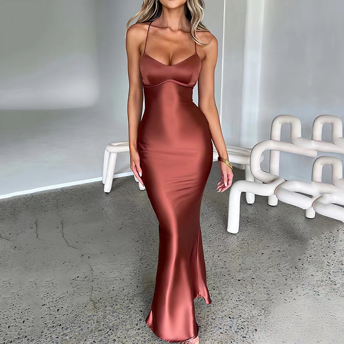 Satin Strap Open-Back Cinched Waist Slip Dress — Image 11