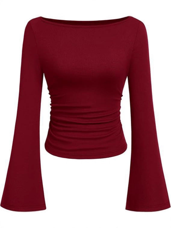 Boat Neck Flared-Sleeve Pleated Top — Image 2