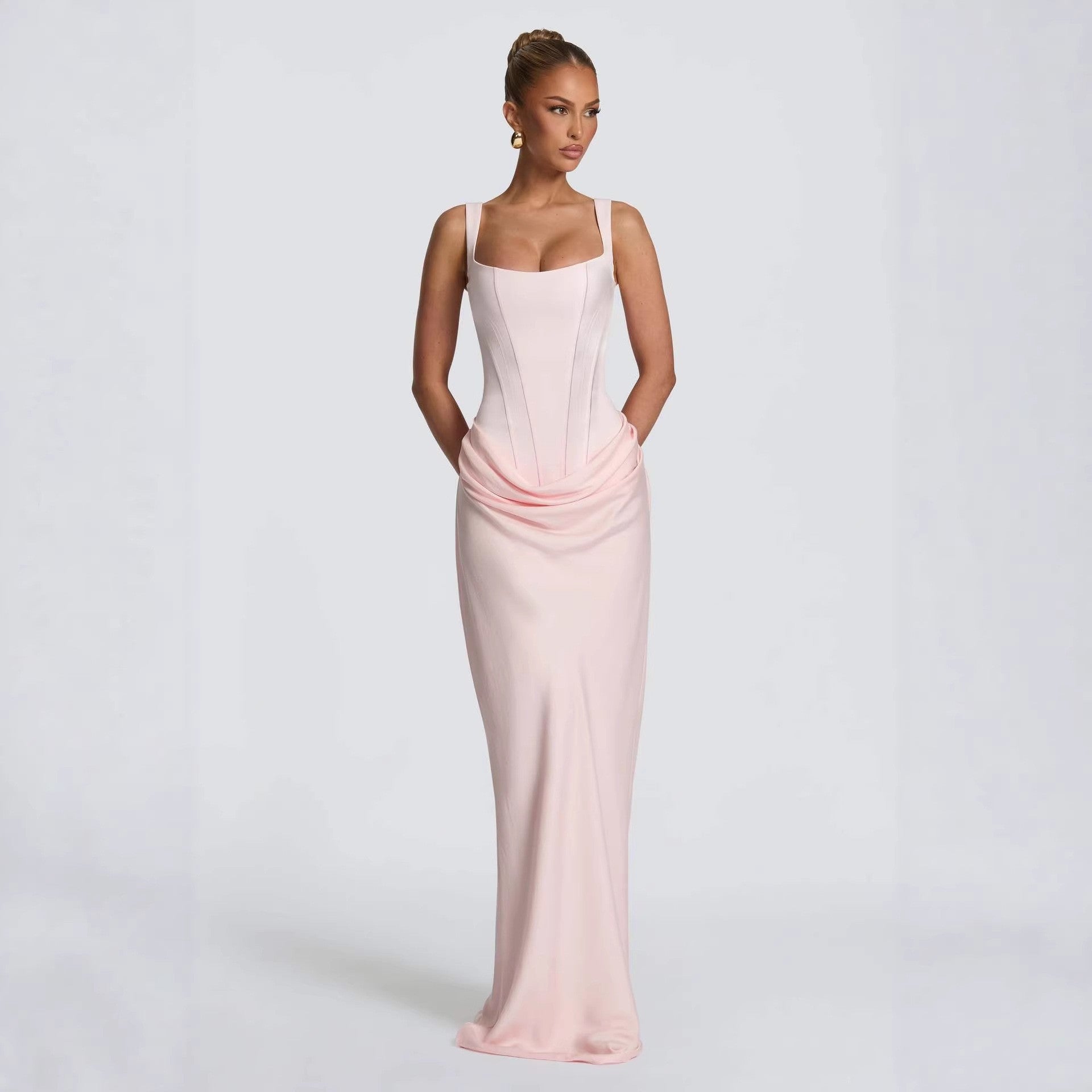 Square Neck Pleated Sleeveless Bodycon Dress — Image 12