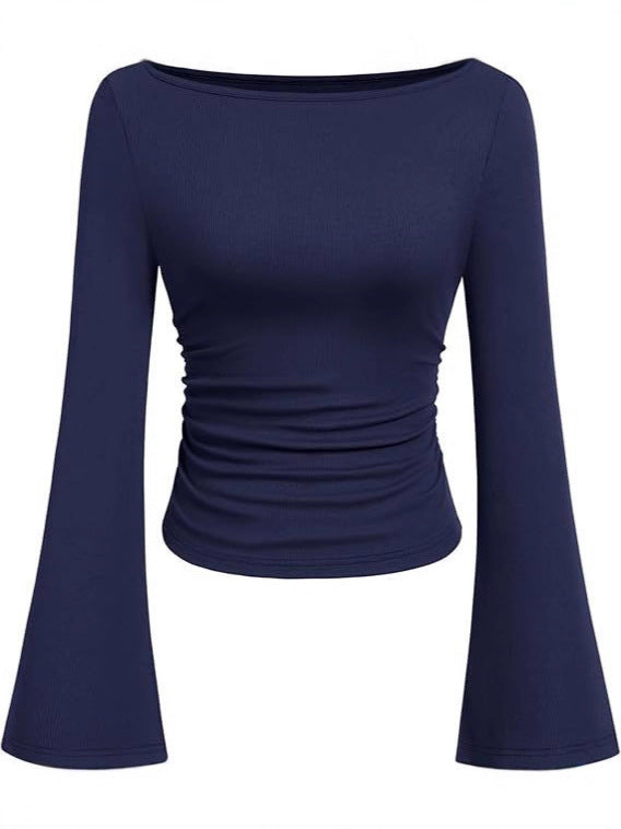 Boat Neck Flared-Sleeve Pleated Top — Image 4