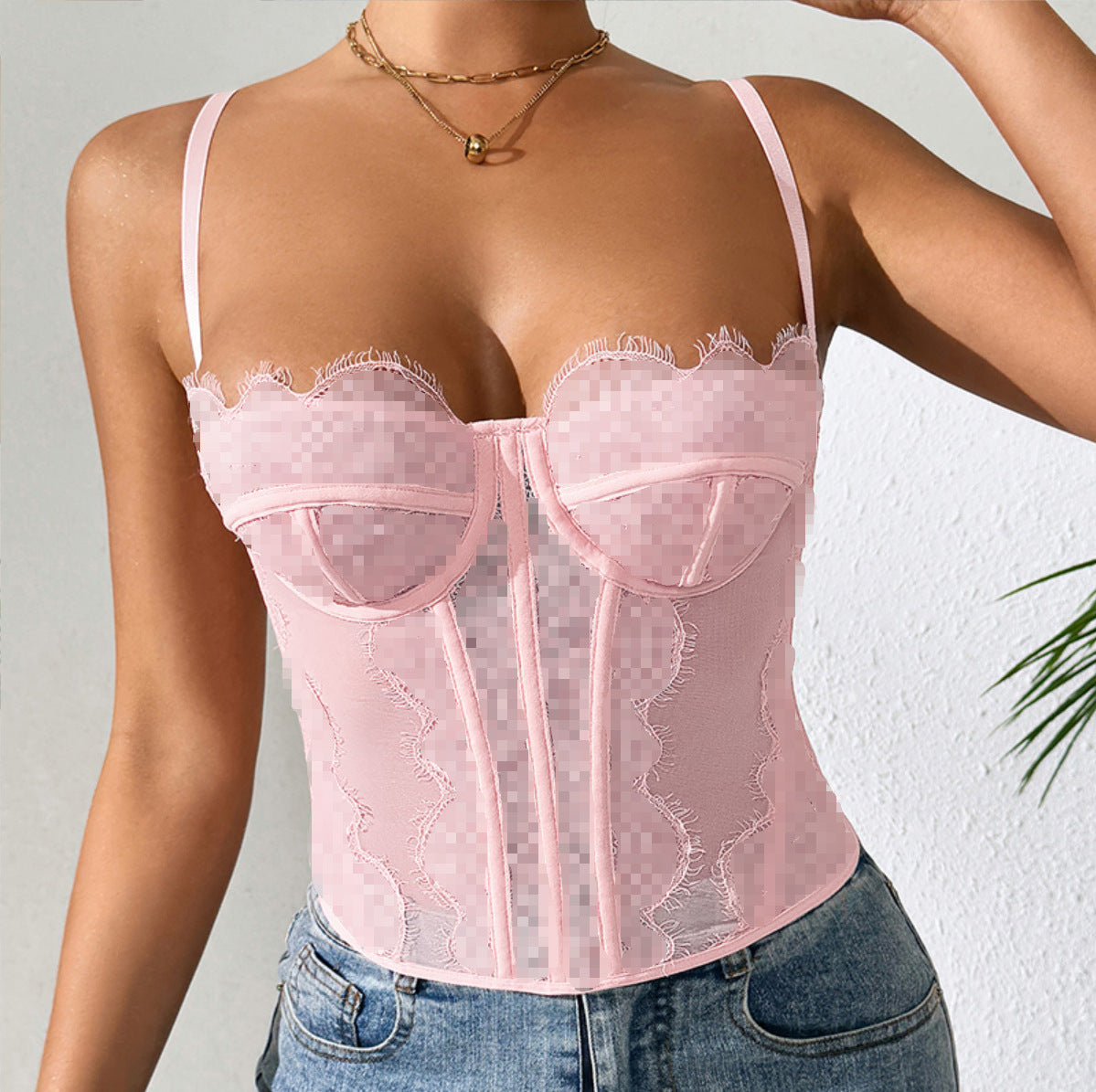 Herringbone Ruched Corset Lace Camisole-12