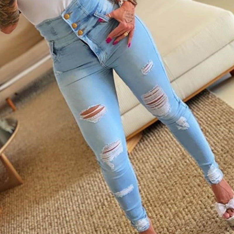 High-Waisted Slim Ripped Denim Trousers — Image 2