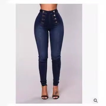 High-Waisted Double-Button Slim Stretch Jeans — Image 5