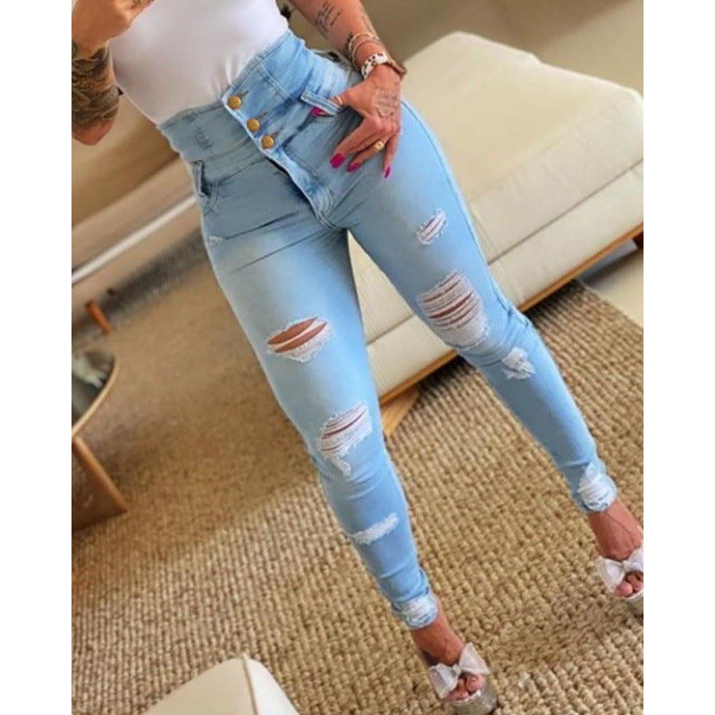 High-Waisted Slim Ripped Denim Trousers — Image 8