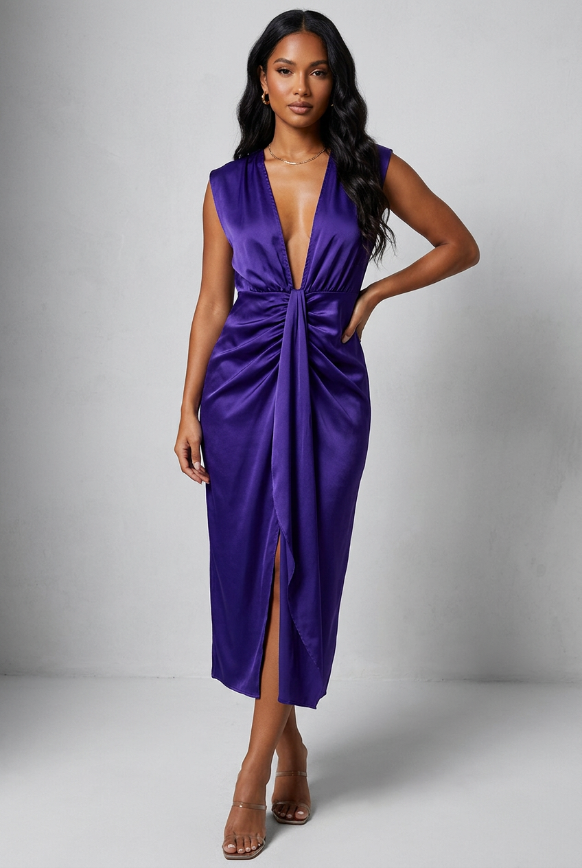 Satin V-Neck Pleated Dress-6