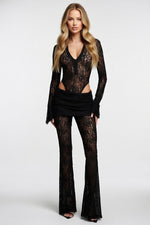 Lace Deep V Top & Flare Trouser Co-ord — Black Trousers