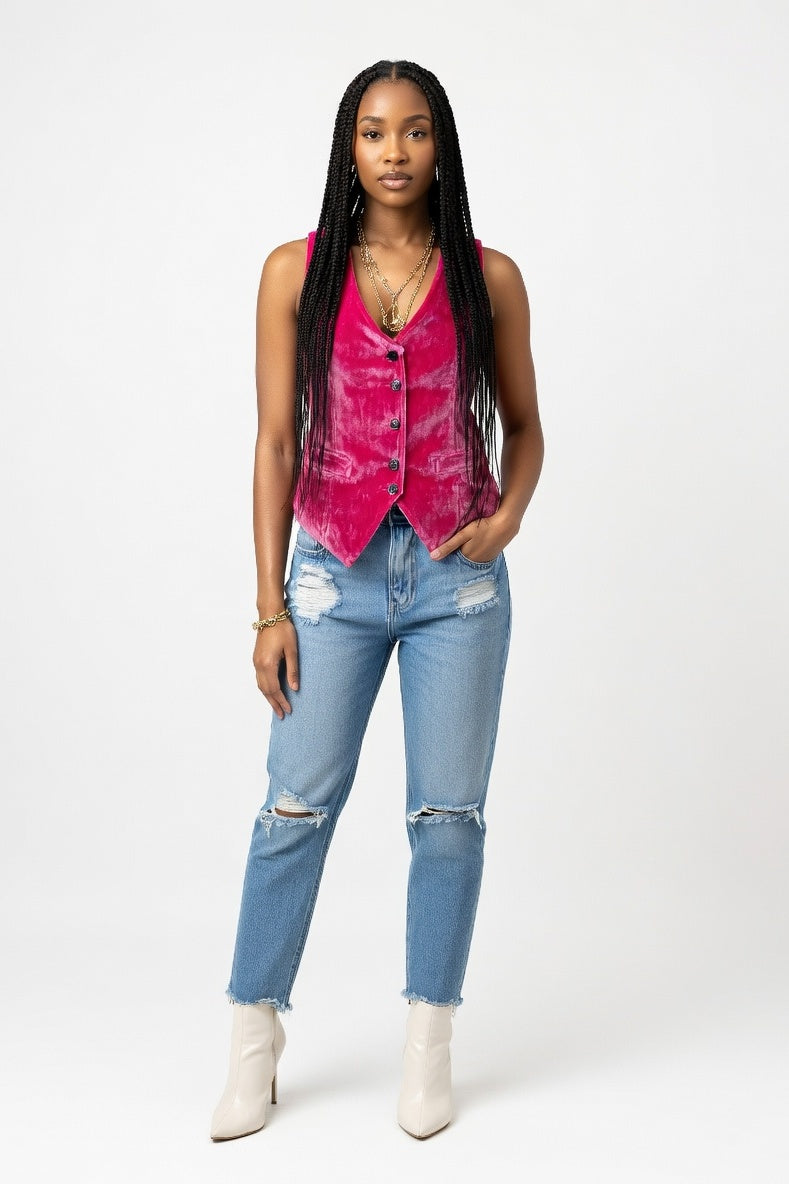 Velvet Button Front Vest — Rose Red