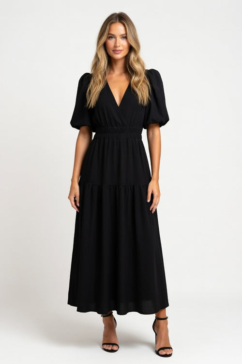 Deep V Puff Sleeve Maxi Dress — Black