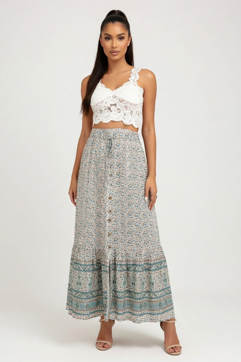 Viscose Midi Skirt with Front Slit — Green