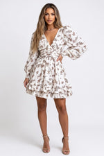 Printed Pleated V-Neck Dress — White