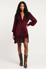 Suede V-Neck Mini Dress — Burgundy