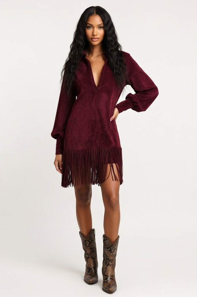 Suede V-Neck Mini Dress — Burgundy