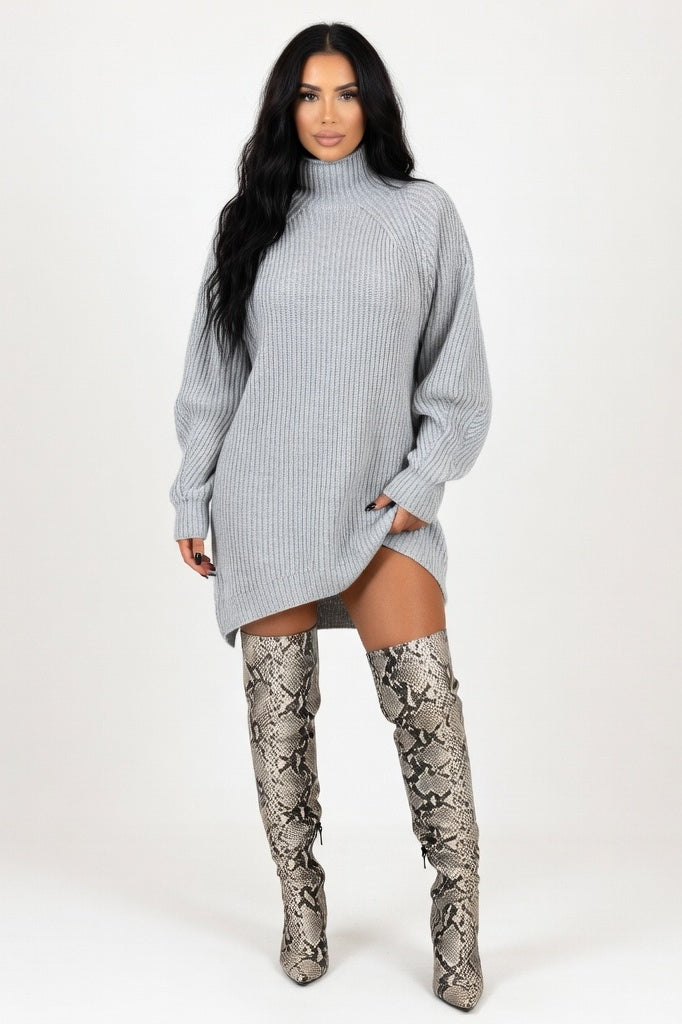 Raglan Sleeve Sweater Dress — Light Grey