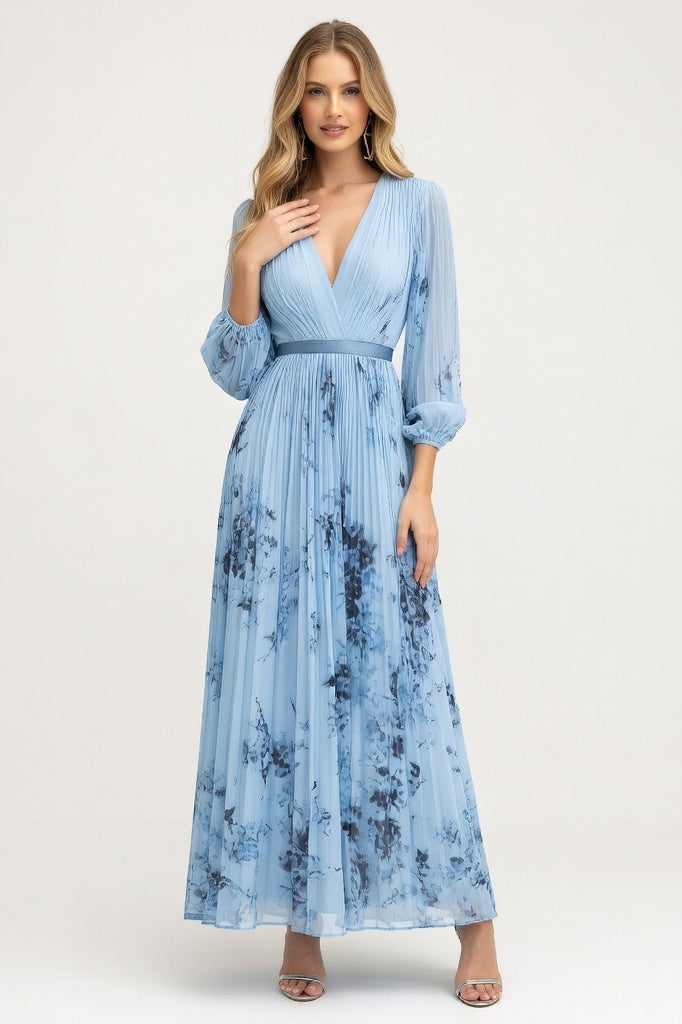 V-Neck Printed Midi Dress — Blue Print