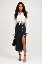 High-Waisted Denim Slit Skirt — Distressed Dark Blue