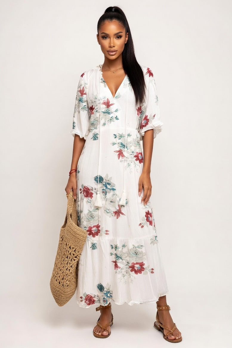 Printed V-Neck Midi Dress — White