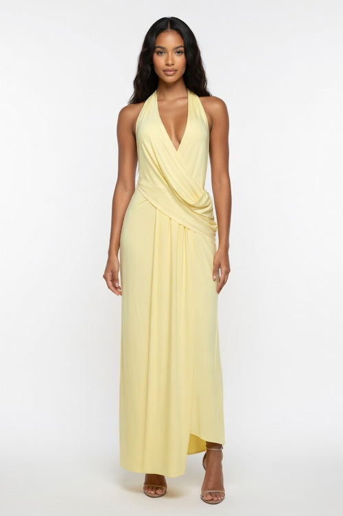 Deep V Halter Maxi Dress — Yellow