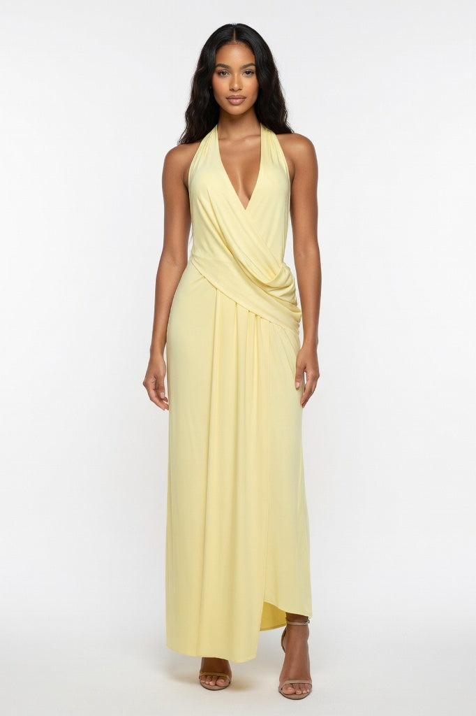 Deep V Halter Maxi Dress — Yellow