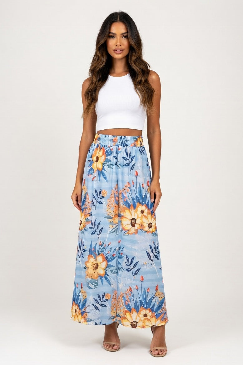 Leopard Print Elastic Waist Skirt — Blue