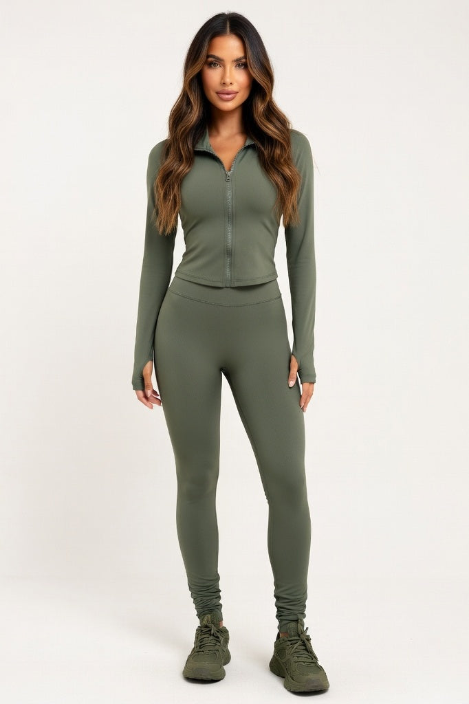V-Neck Zip Co-ord Set — Green
