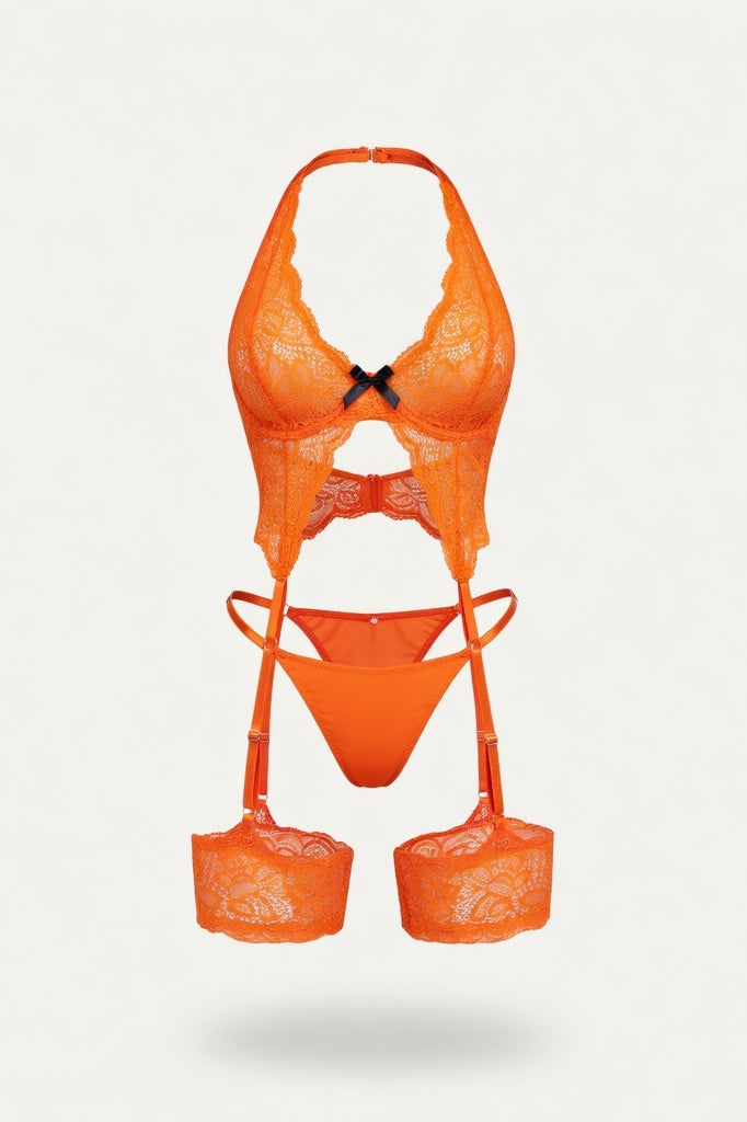 Sheer Bodysuit with Bow Detail — Orange