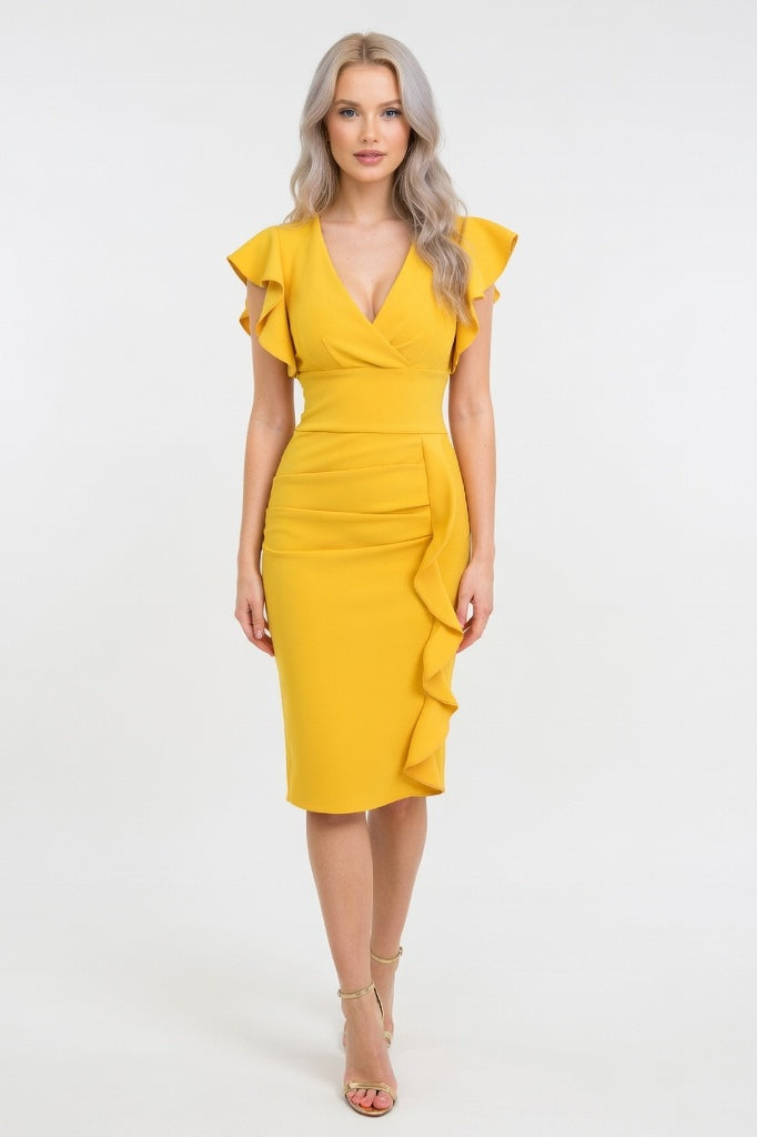 Ruffle V-Neck Mini Dress — Yellow