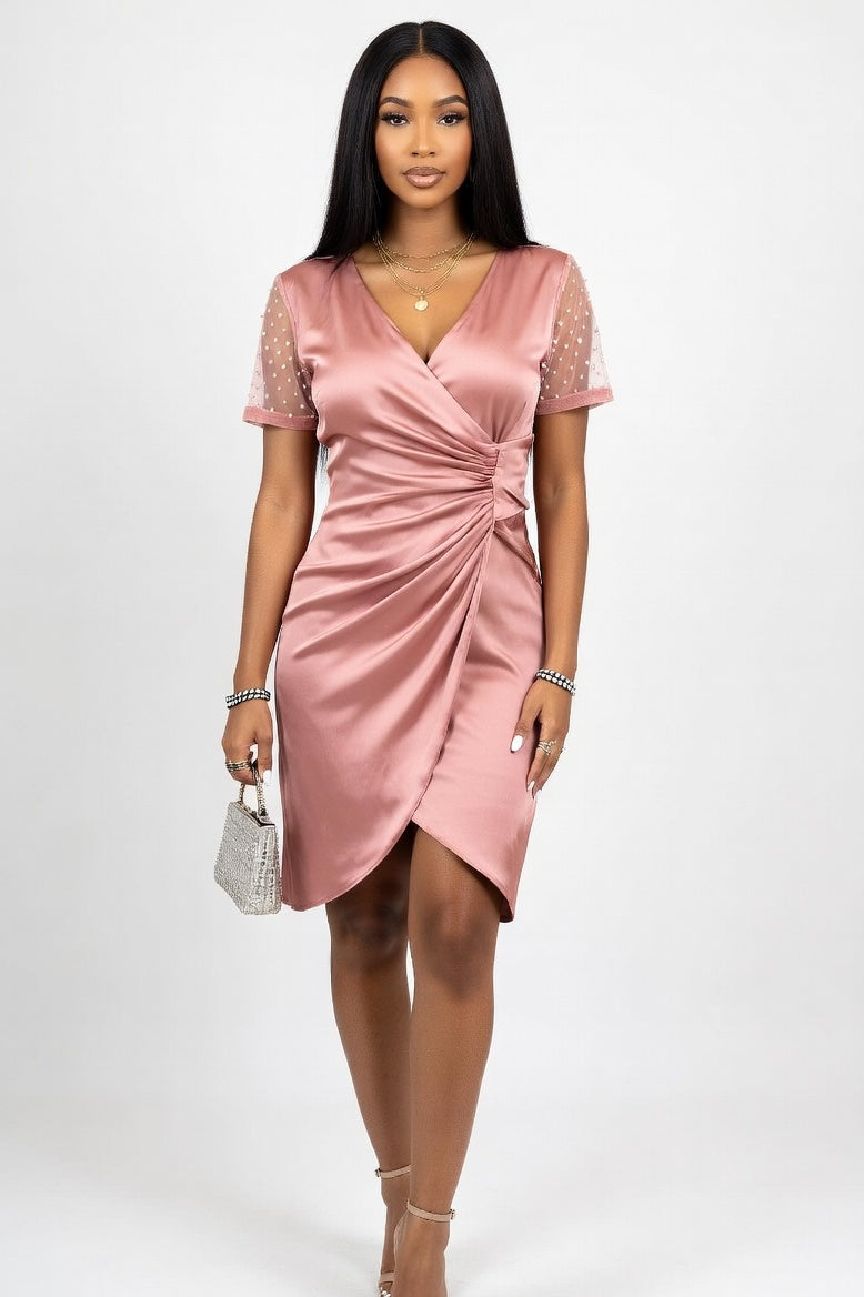 V-Neck Mesh Flocked Mini Dress — Pink