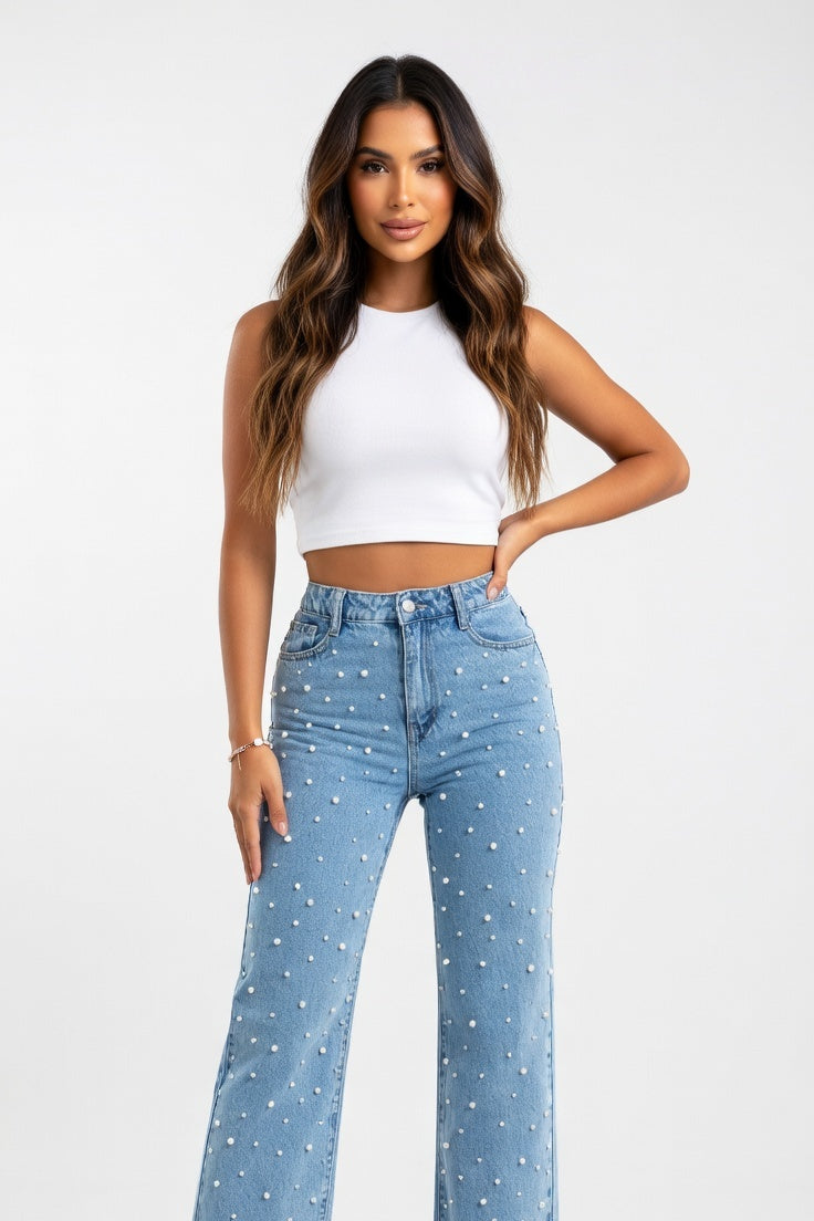 Beaded Denim Jeans — Light Blue