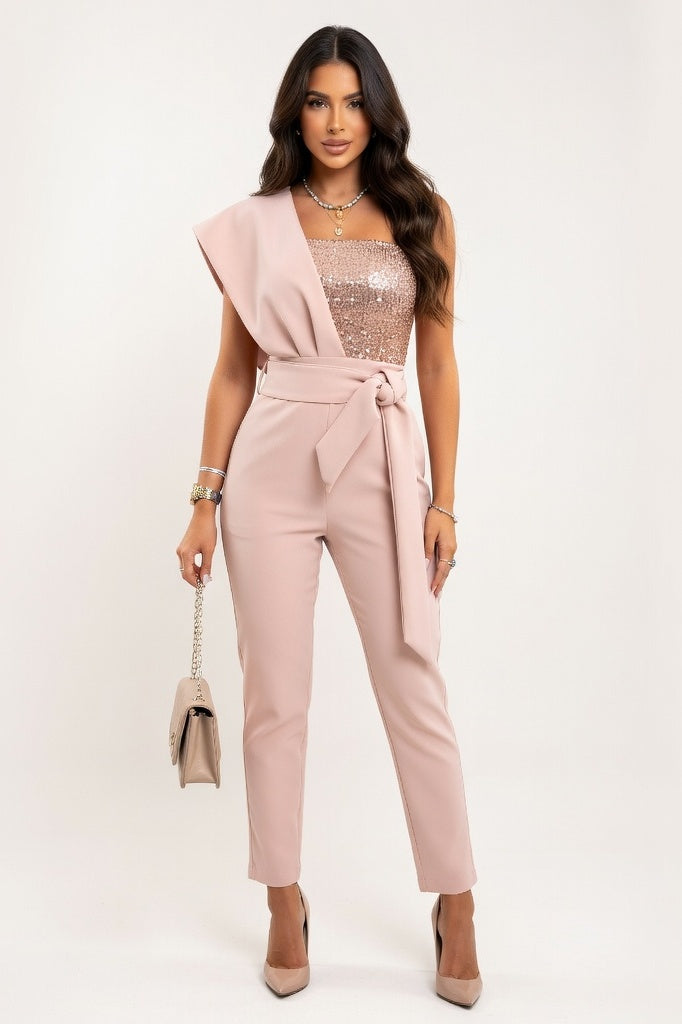 Sequin Belted Jumpsuit — Pink Sequin
