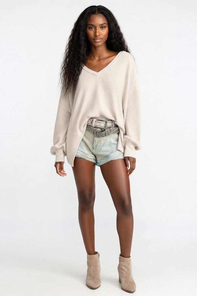 Waffle Knit Off-Shoulder Sweatshirt — Apricot
