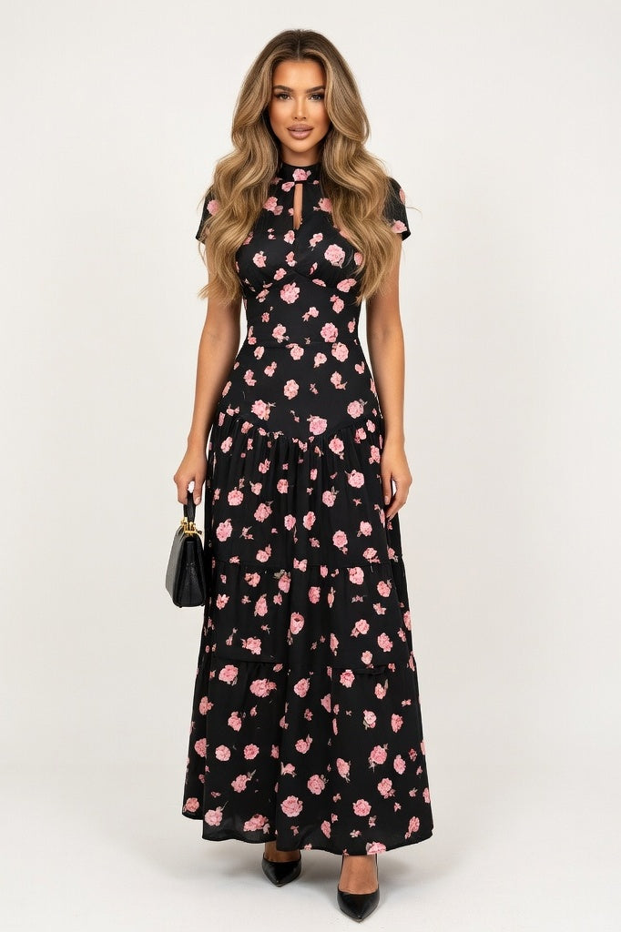 Printed Cut-Out Midi Dress — Black