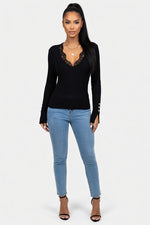 V-Neck Lace Button Top — front view