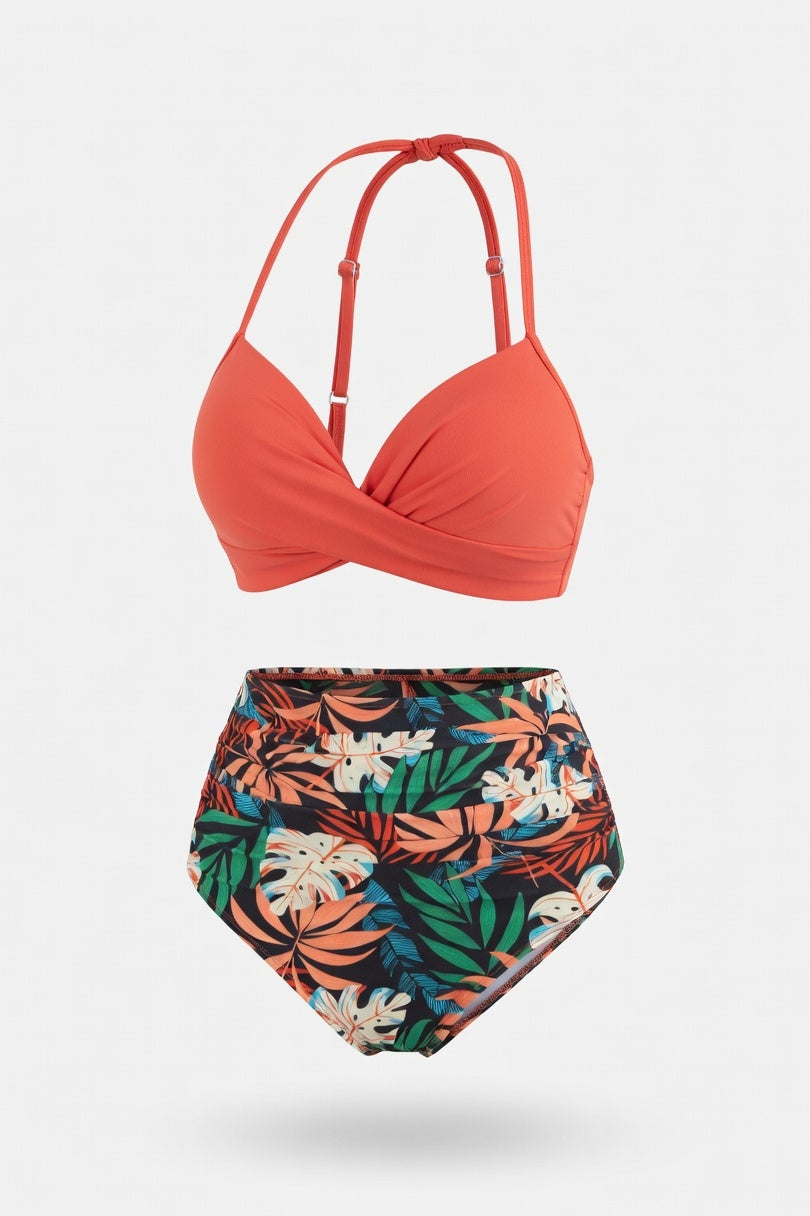 High Waist Split Bikini Set — Orange Floral