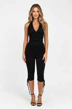Deep V Halter Top & Cropped Pants Co-ord Set — Black