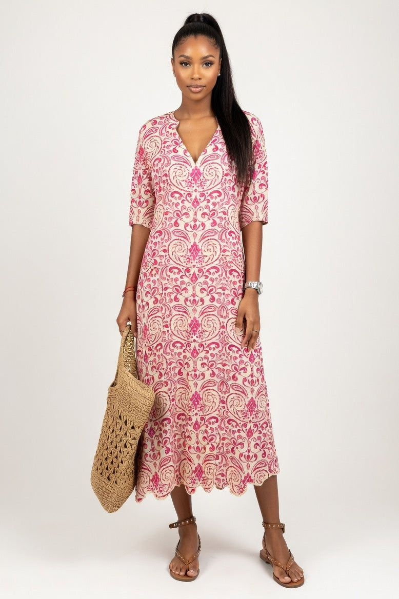 V-Neck Printed Mid-Sleeve Dress — Pink