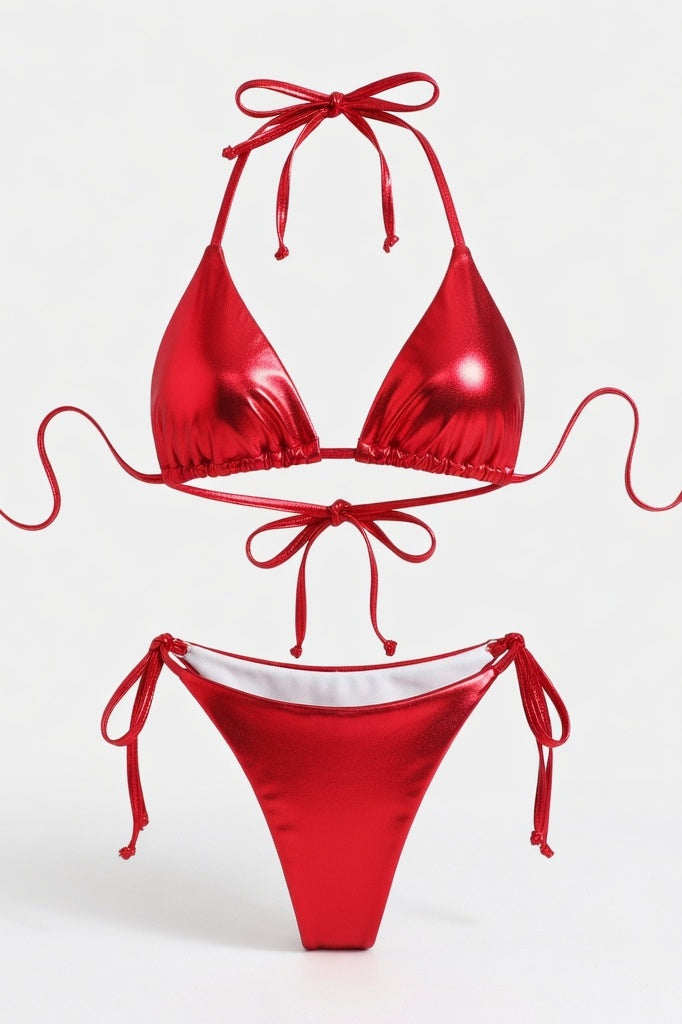 Lace-Up Bikini Set — Red Gold Foil