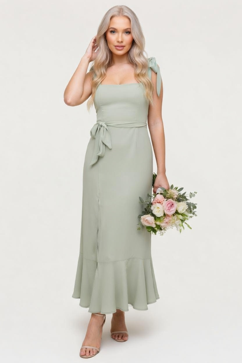 Lace-Up Ruffle Dress — Light Green