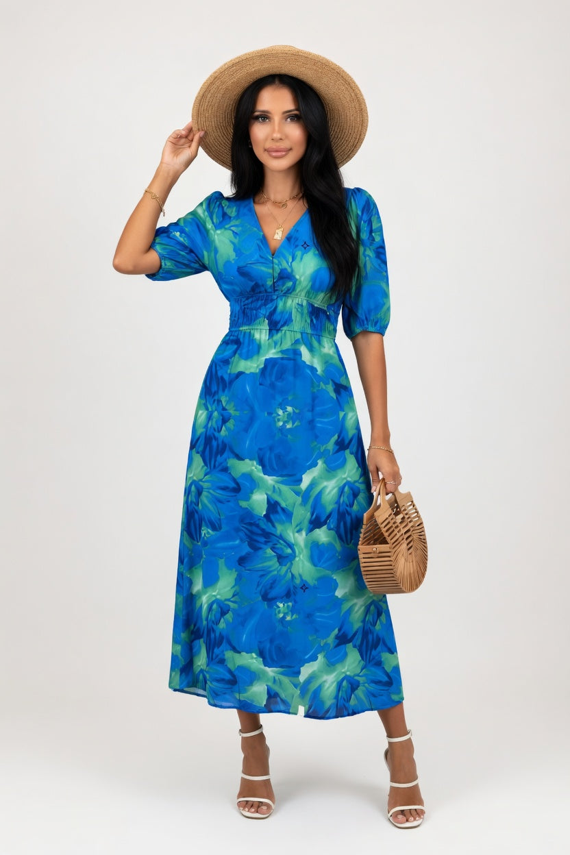 Printed Midi Dress — Blue