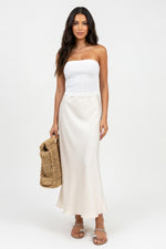 High-Waisted Satin Midi Skirt — Apricot