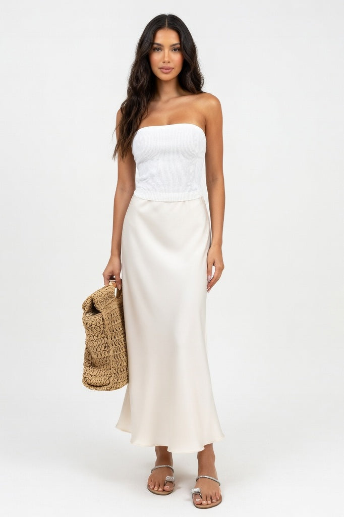 High-Waisted Satin Midi Skirt — Apricot