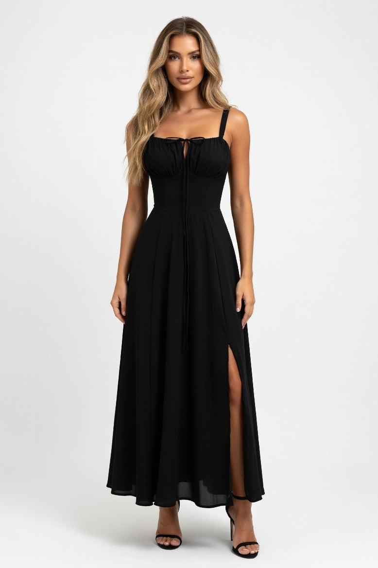 Printed Strappy Midi Dress — Black