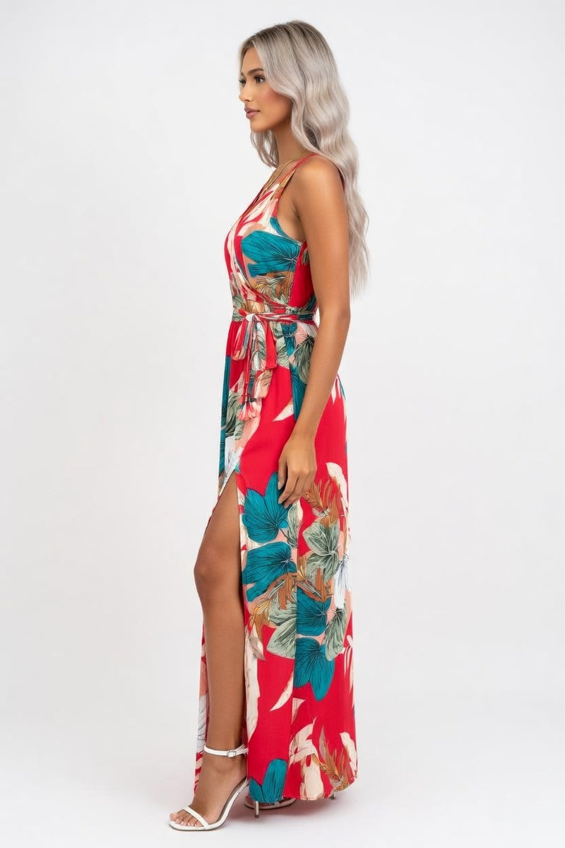 Printed V-Neck Sleeveless Dress — side view