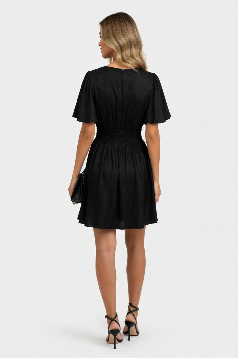 Metallic Ruffle Sleeve Mini Dress — back view