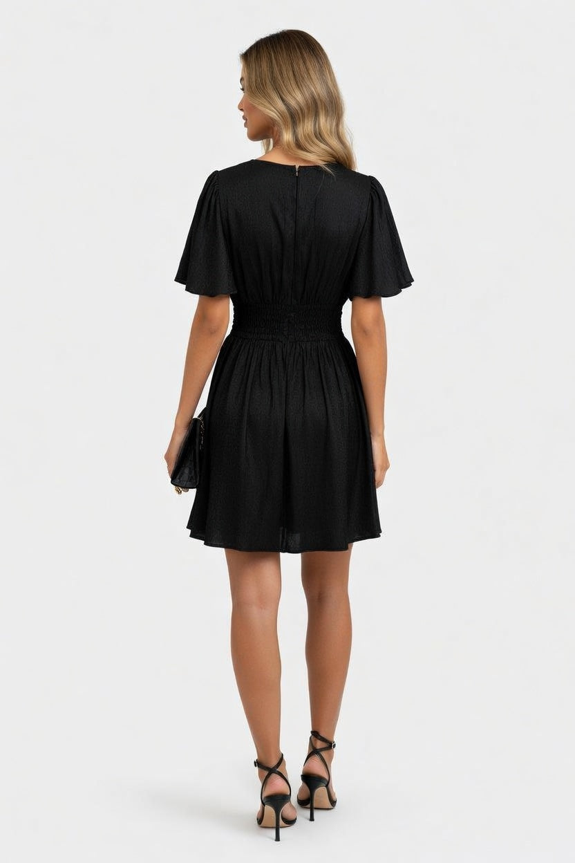 Metallic Ruffle Sleeve Mini Dress — back view