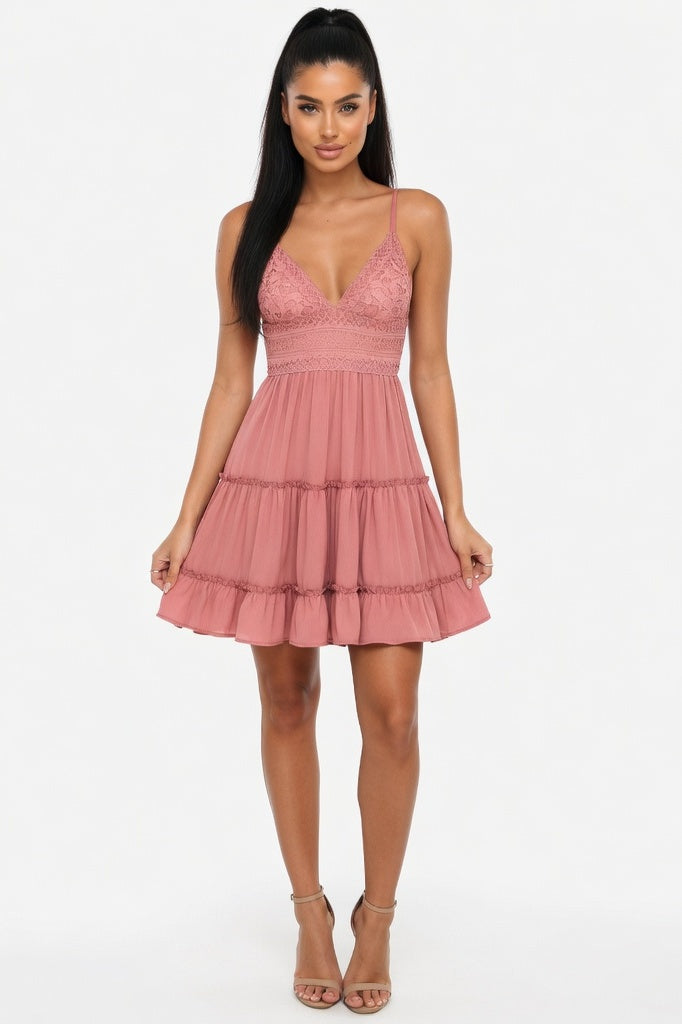 Lace Panel Suspender Dress — Pink