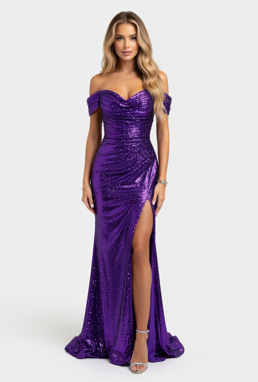 Sequined Off-Shoulder Slit Dress — Purple