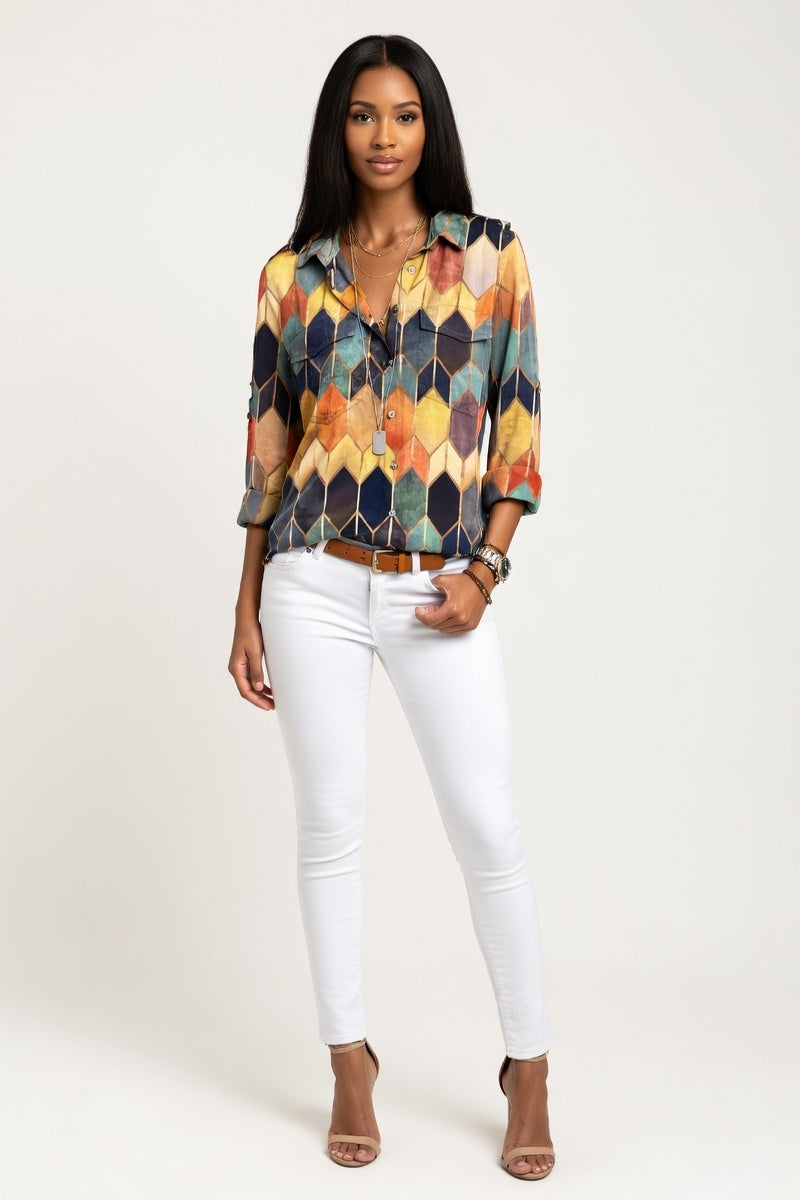 Printed Shirt Lapel Top — Yellow